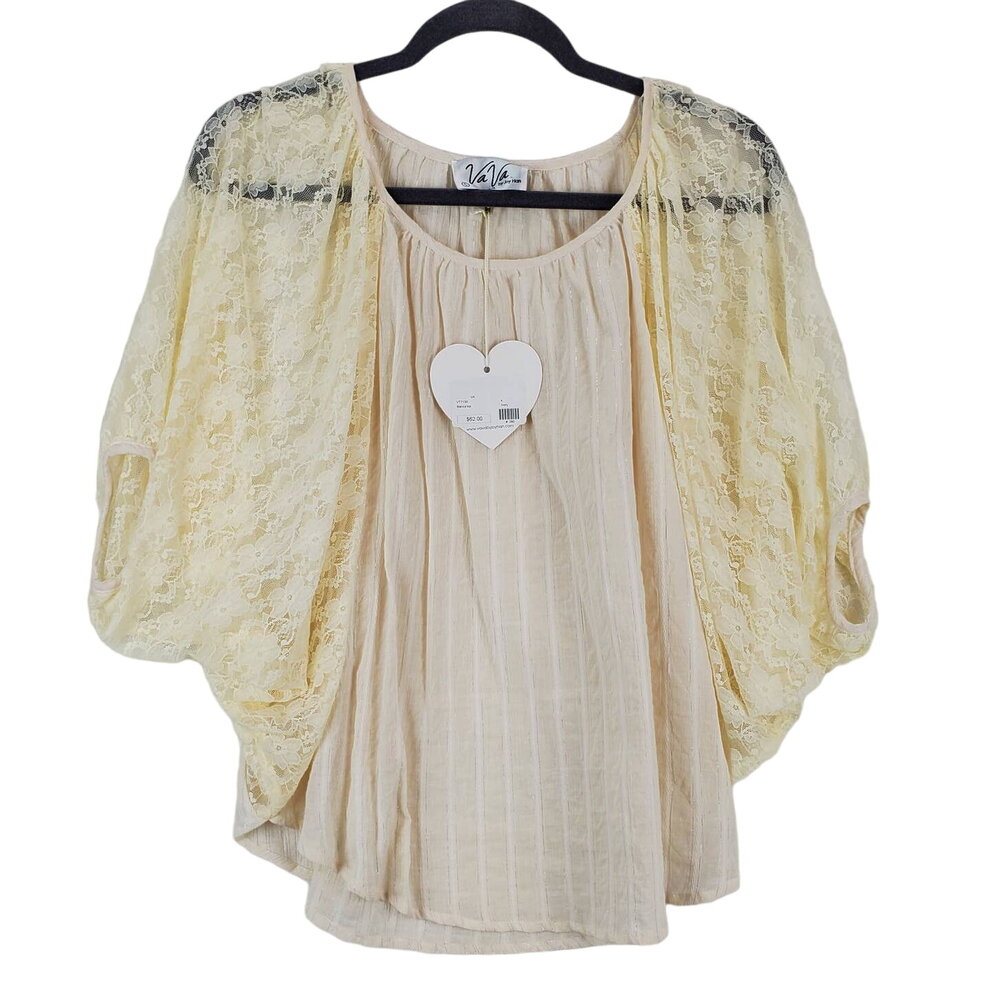 New Fairycore Whimsical Lace Shimmer Top‎ S Cream Oversize Coquette Angelcore